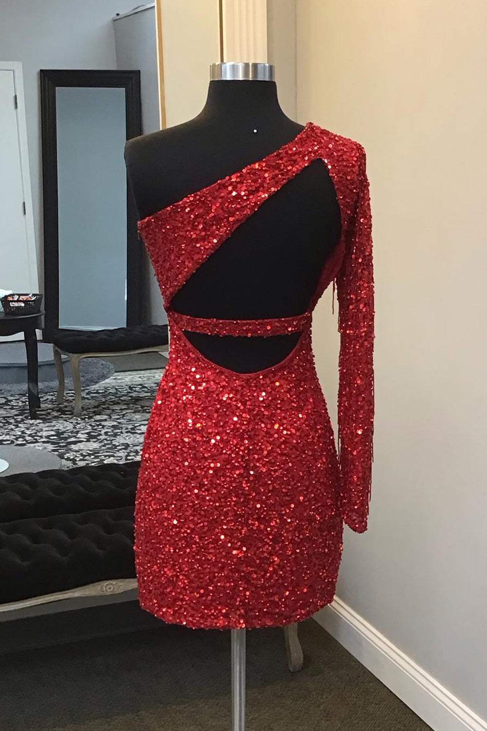 Sparkly Red One Shoulder Backless Sequins Fringed Tight Short Homecoming Dress/Mini Dress