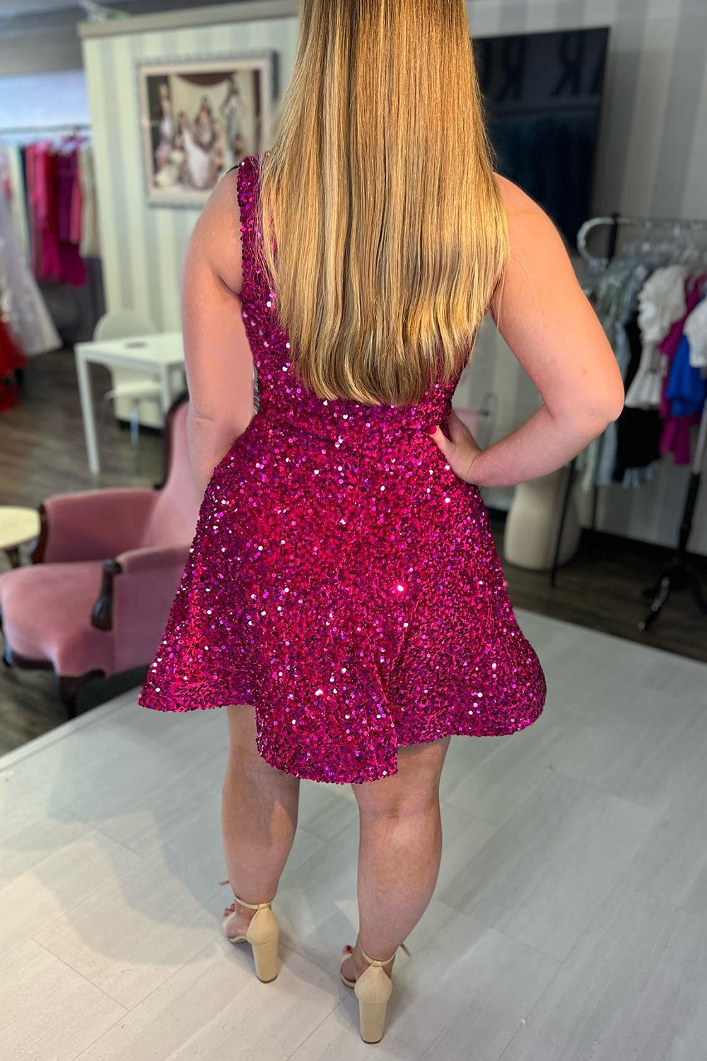 Sparkly Hot Pink One Shoulder Sequins Short Homecoming Dress/Mini Dress