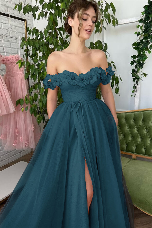 Dusty Pink A-Line Slit Strapless Off-The-Shoulder Evening Dress With Tulle Appliques