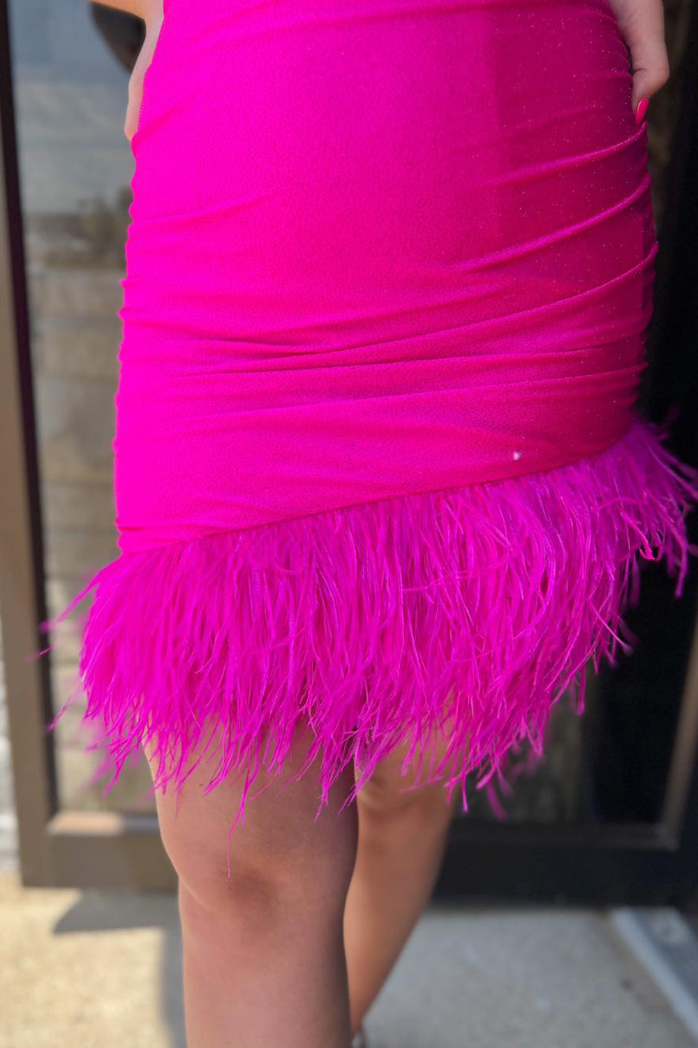 Glitter Fuchsia Feathered Tight Short Homecoming Dress/Mini Dress