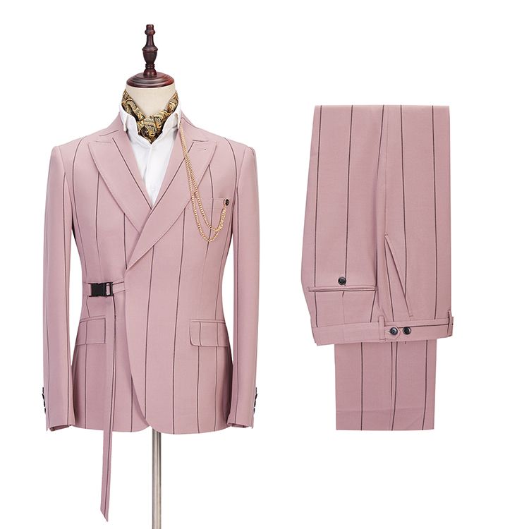 New Arrival Pink Slim Fit with Striped Peaked Lapel Prince Suit for Groom