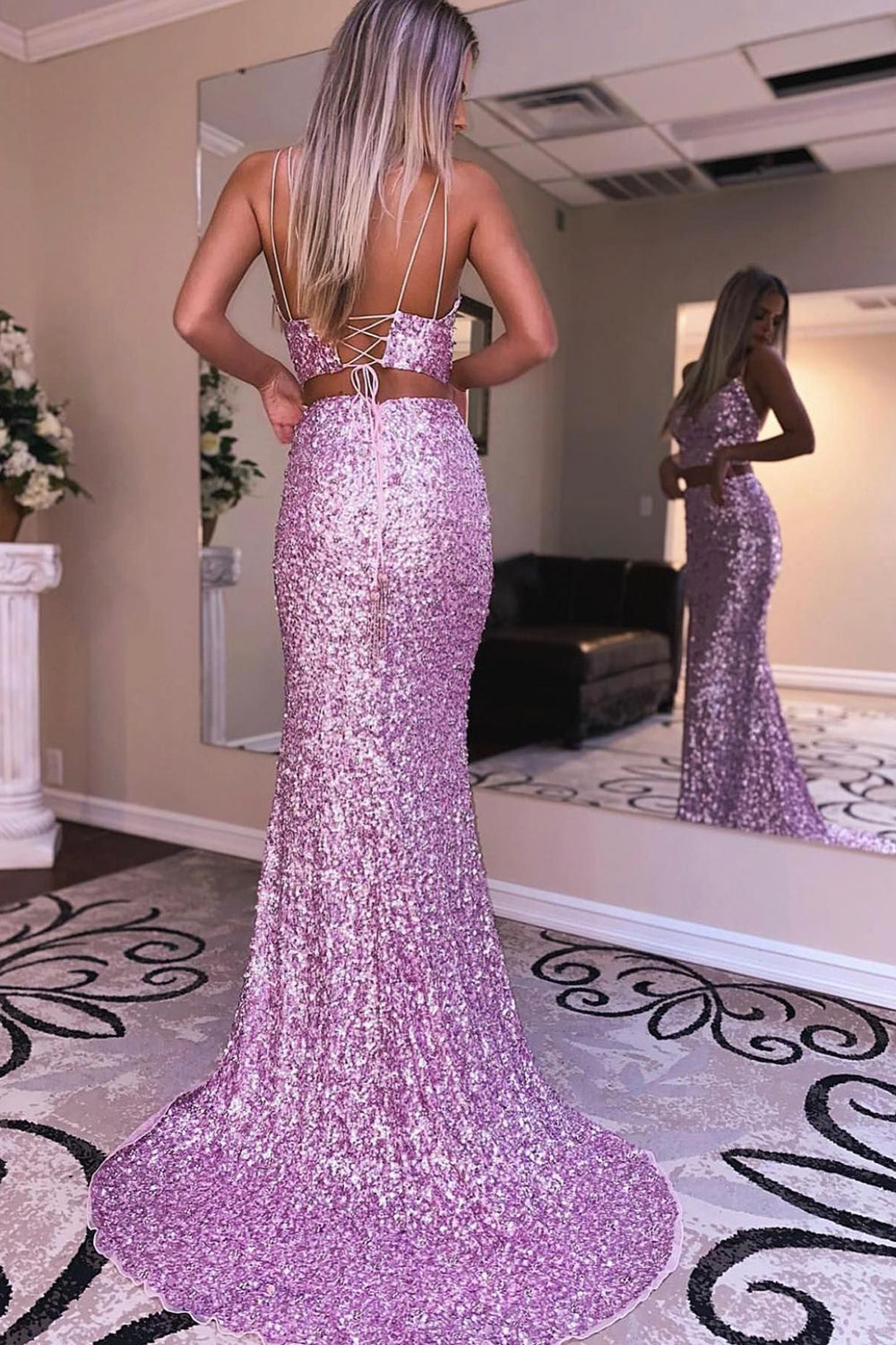 Orange Sequined Two-Piece Mermaid Prom Dress Featuring a Slit