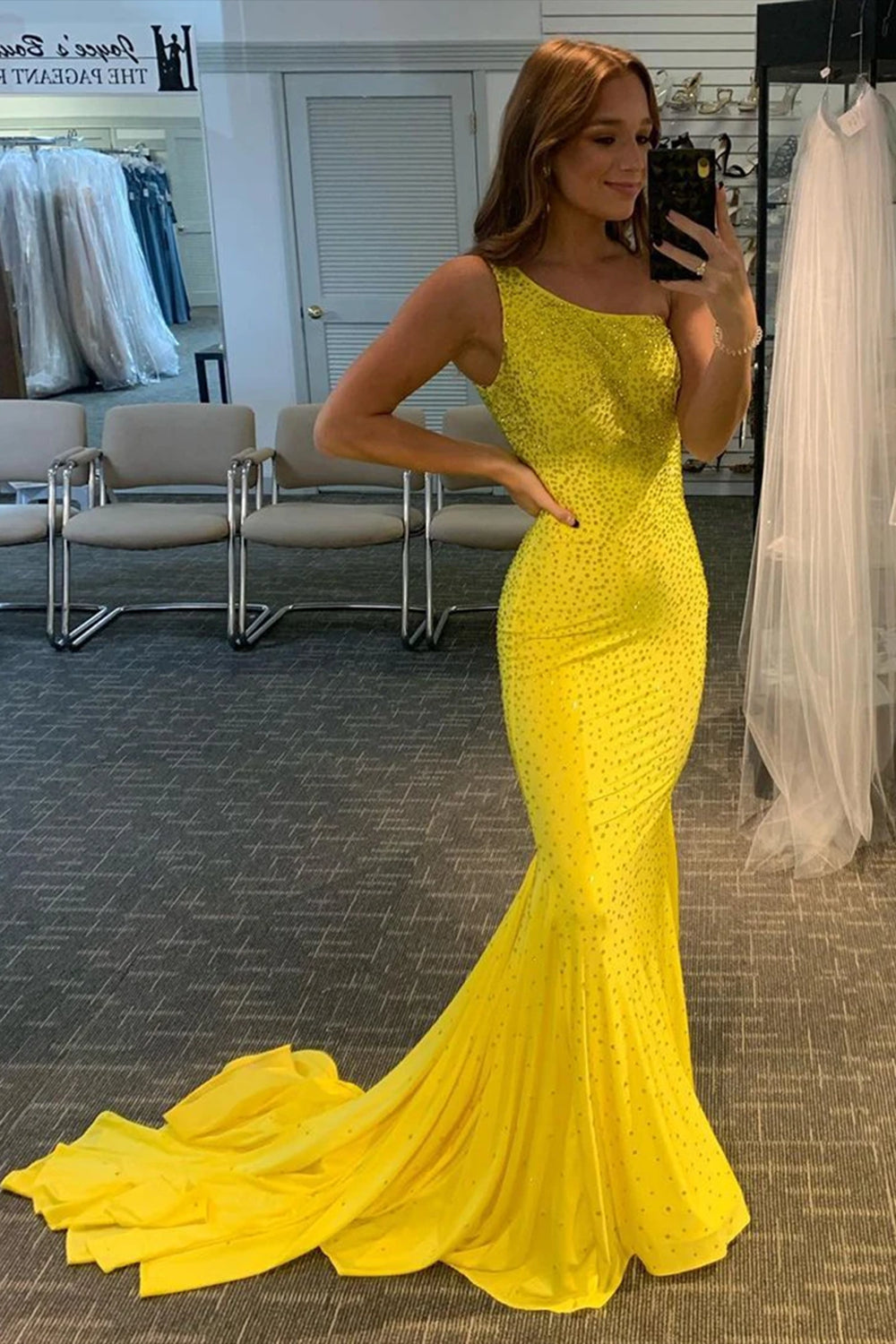 Mermaid Prom Dress with Yellow Beads