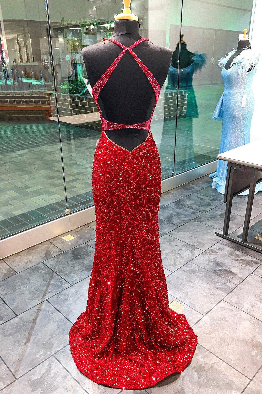 Red Sequined Mermaid Prom Dress with Deep V Neck and Open Back