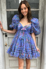 Dark Blue Puff Sleeves A-Line Floral Short Homecoming Dress/Mini Dress with Ruffles