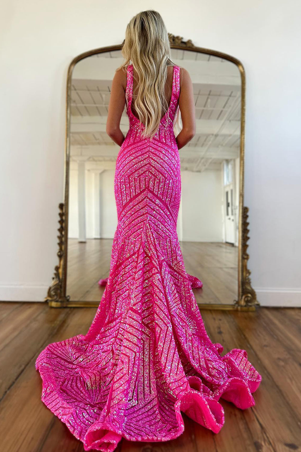 Orange Sequins Long Prom Dress with Deep V Neck and Open Back in Mermaid Style