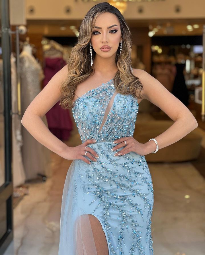 Elegant Blue One Shoulder Prom Evening Dress With Split