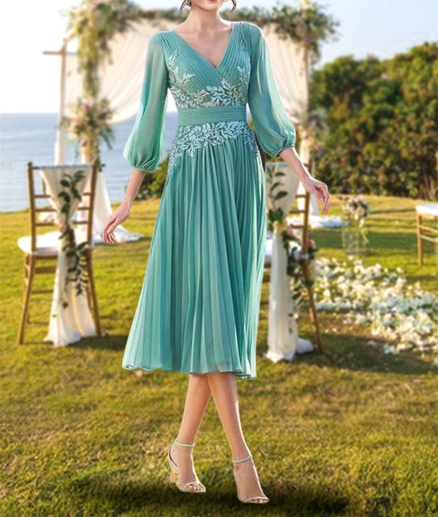 V-Neck Knee-Length A-Line Princess Dress for the Mother of the Bride with Lace Ruffle Embroidery