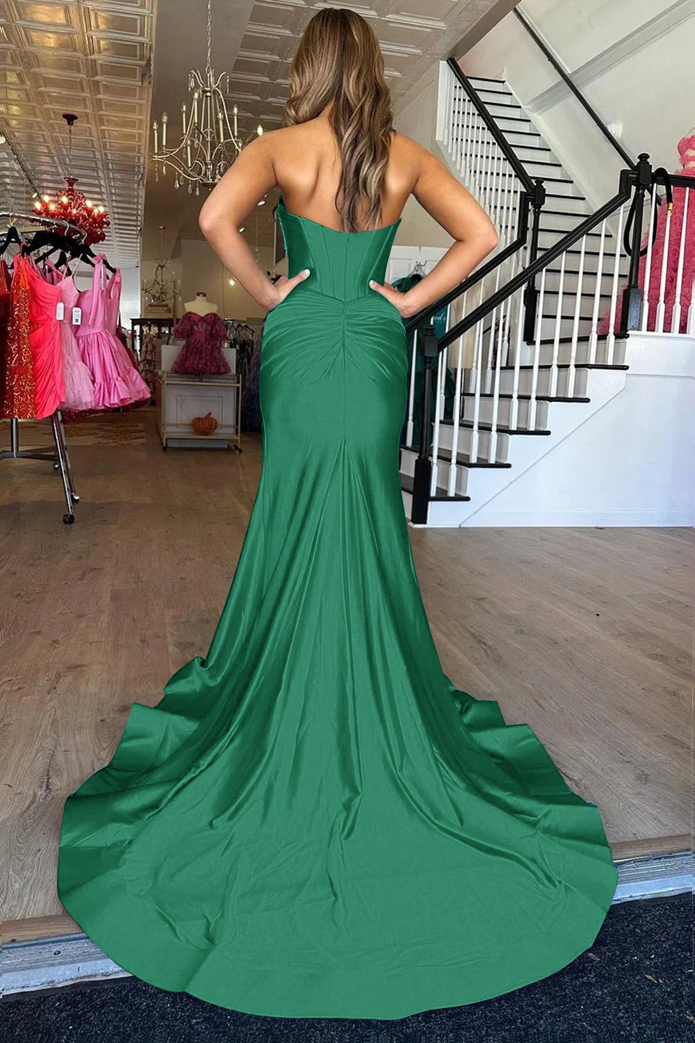 Long Orange Satin Mermaid Prom Dress with Corset and Slit