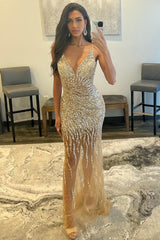 Long Backless Prom Dress with Golden Beads