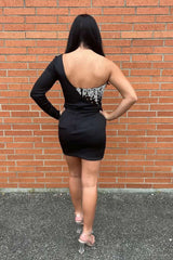 Sparkly Black BeadedOne Shoulder One Sleeve Tight Short Homecoming Dress/Mini Dress