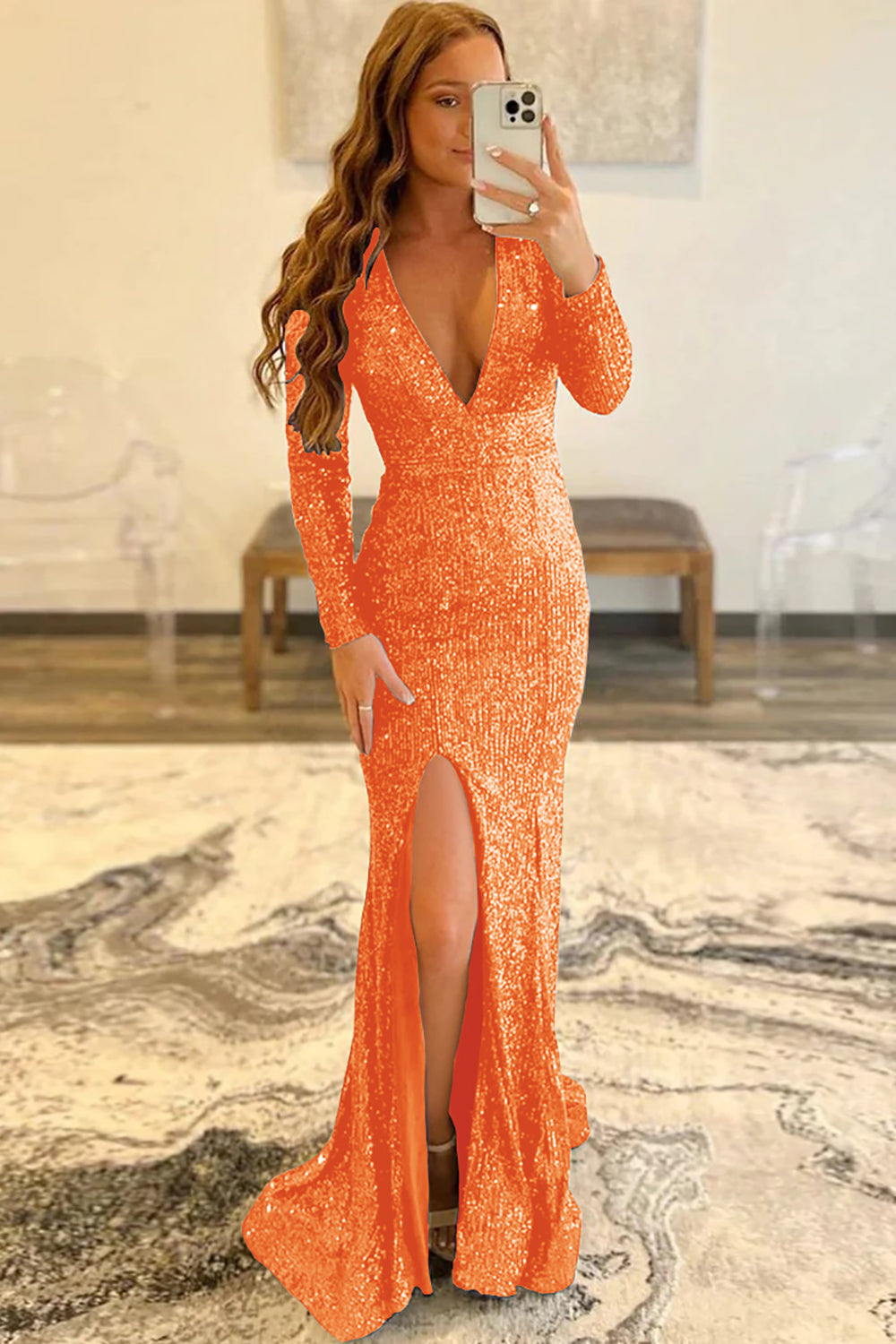 Long Pink Sequins Prom Dress with Deep V Neck and Front Split Sheath