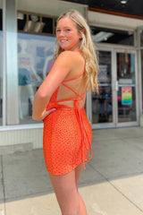 Sparkly Orange Beaded Backless Tight Short Homecoming Dress/Mini Dress