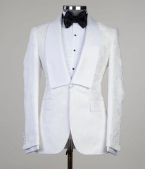 Dennis White Jacquard Shawl Lapel Three-Piece Men's Suits for Wedding