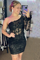 Glitter Pink One Shoulder Corset Lace Tight Short Homecoming Dress/Mini Dress with Feathers