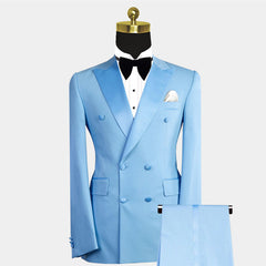 Blue Double-Breasted Wedding Suit for Men with Peaked Lapel