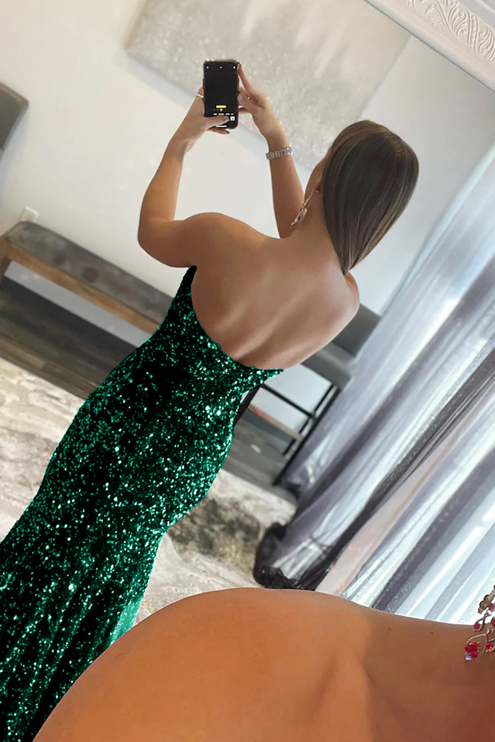 Long Red Prom Dress with Mermaid Sequins and Slit