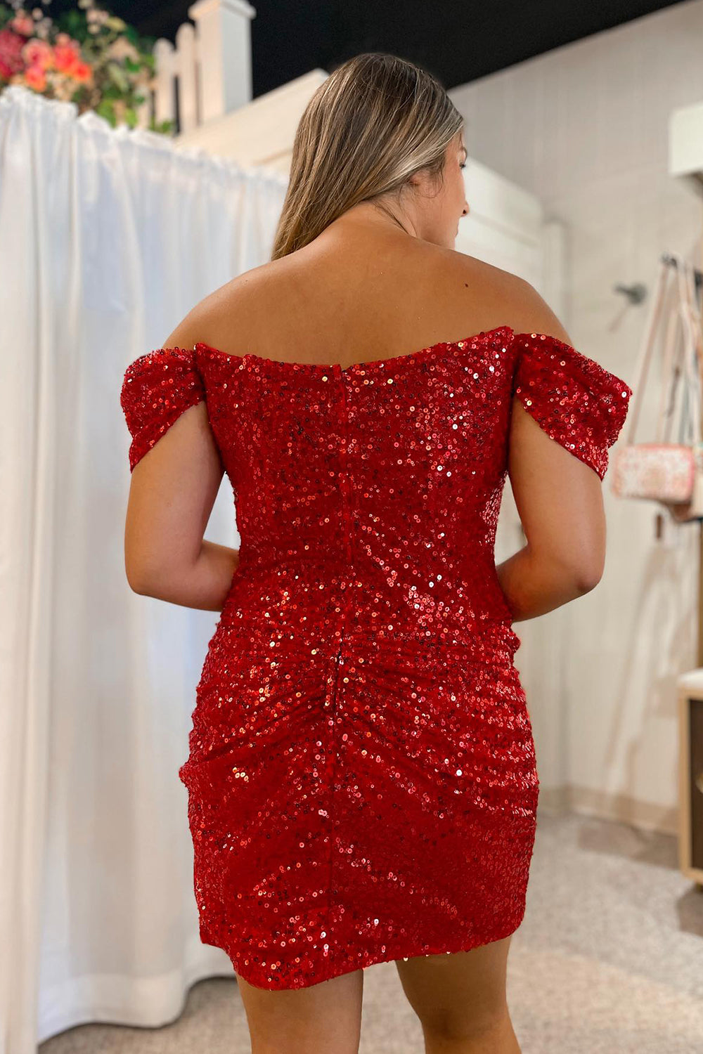 Sparkly Black Sequins Off the Shoulder Tight Short Homecoming Dress/Mini Dress