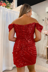 Sparkly Black Sequins Off the Shoulder Tight Short Homecoming Dress/Mini Dress