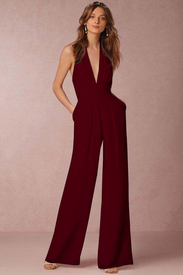 Casual Black Deep V-Neck Halter Long Daily Jump Suit