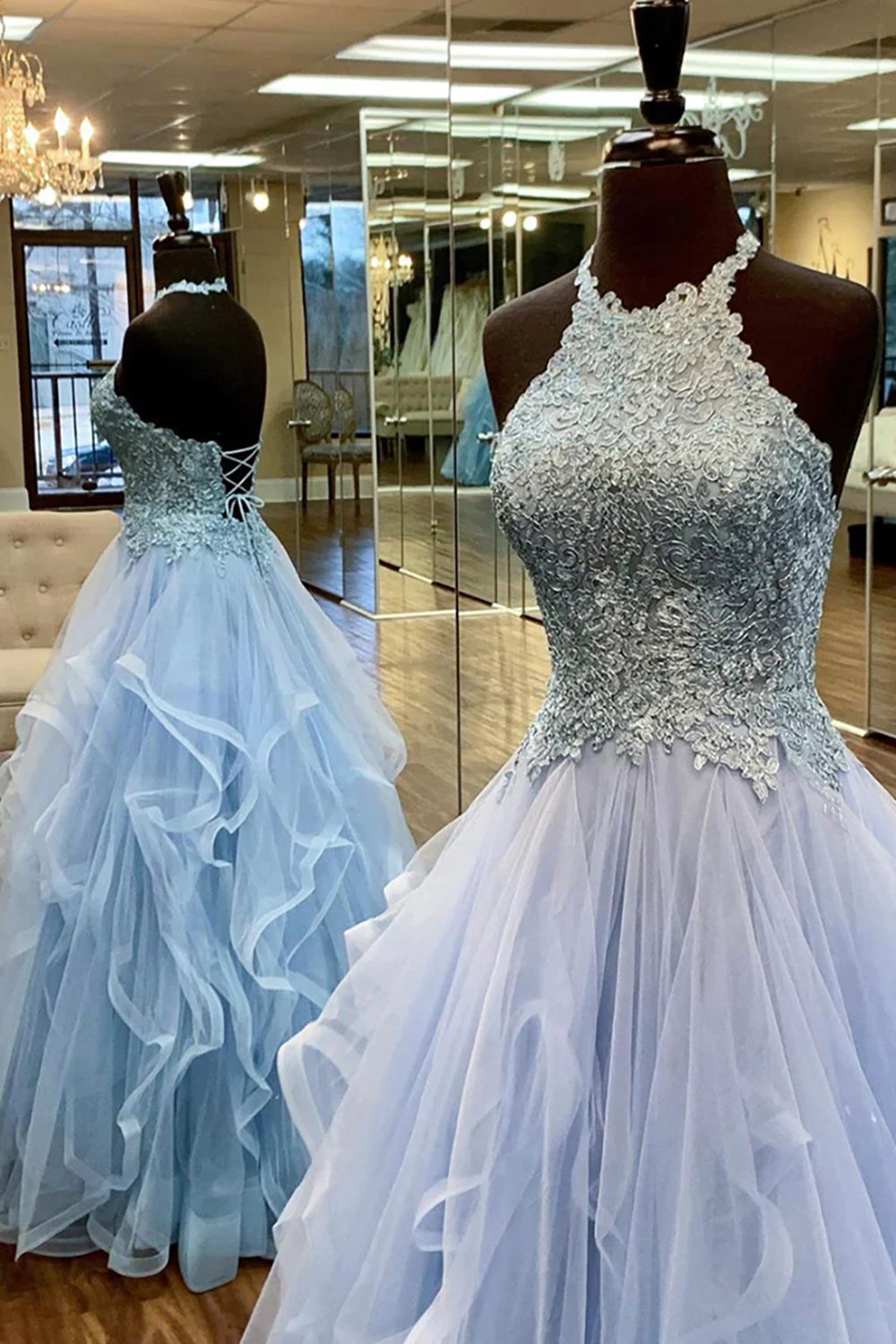Long Blue Halter Prom Dress with Appliques and Open Back in A-Line