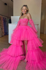 Hot Pink High Low Detachable Sleeves Corset Homecoming Dress/Mini Dress with Lace