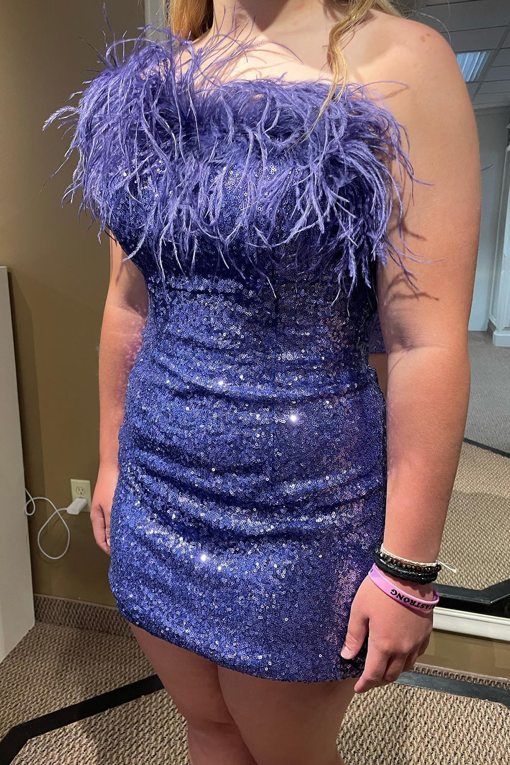 Blue Tight Sequins Homecoming Dress/Mini Dress with Feathers