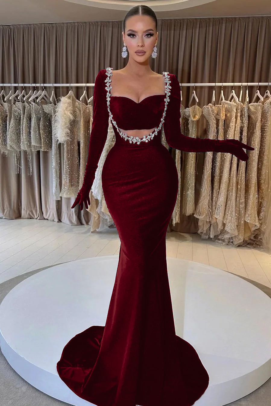Charming Black Velvet Long Sleeve Beaded Long Mermaid Formal Dress With Gloves