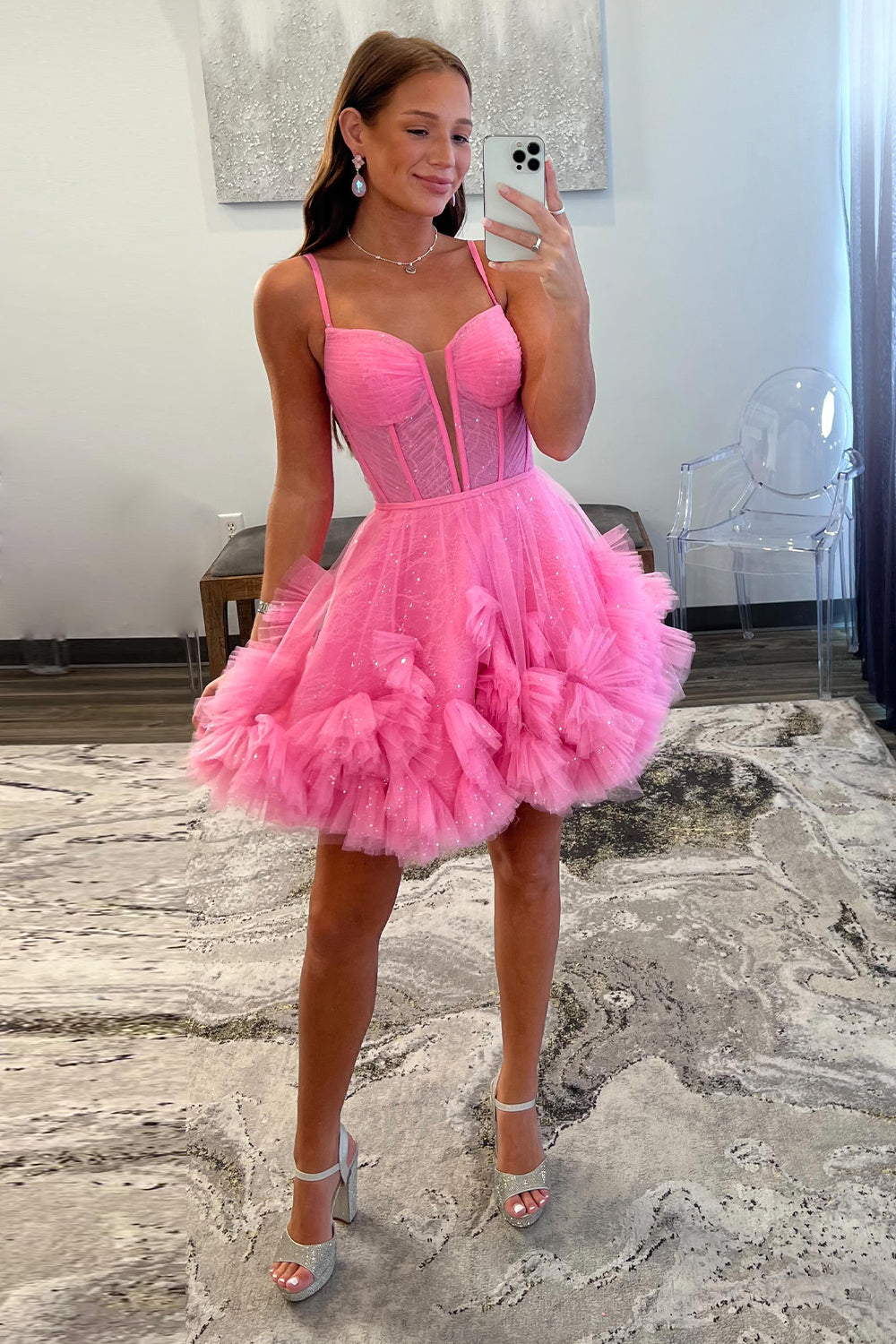 Glitter Blue Corset Tulle A-Line Tulle Short Homecoming Dress/Mini Dress With Pocket