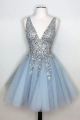 Blue V Neck Homecoming Dress/Mini Dress With Beadings