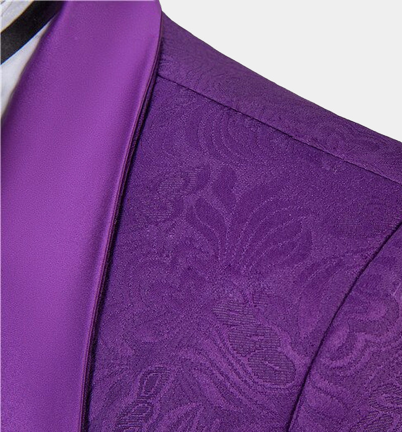 Classic Three-Piece Violet Wedding Guest Suit with Jacquard