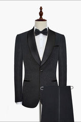 Classic Black Jacquard Wedding Tuxedo Shawl Lapel Silk One-Button Wedding Suits for Men