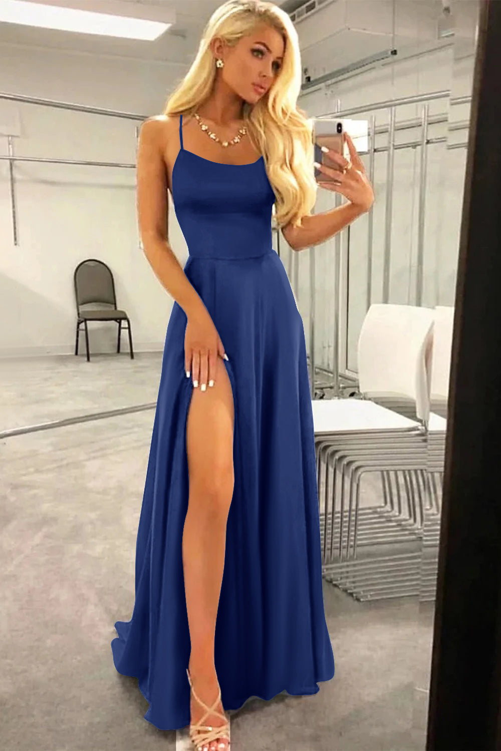 A Line Prom Dress in Royal Blue with Halter and Backless Design