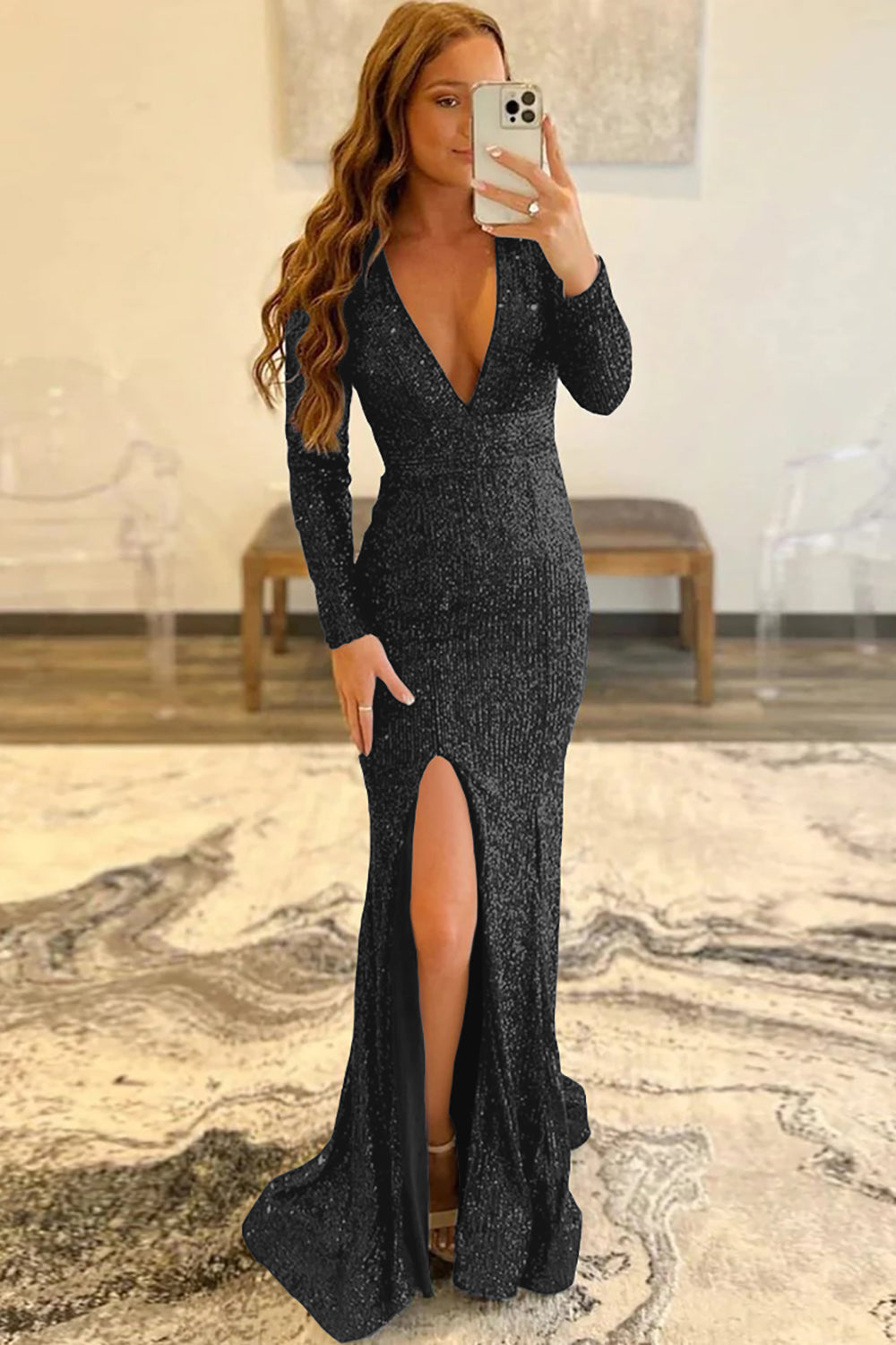 Long Pink Sequins Prom Dress with Deep V Neck and Front Split Sheath