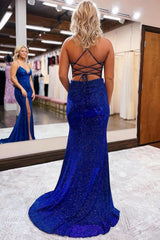 Long Blue Sequined Prom Dress with Spaghetti Straps and Silt