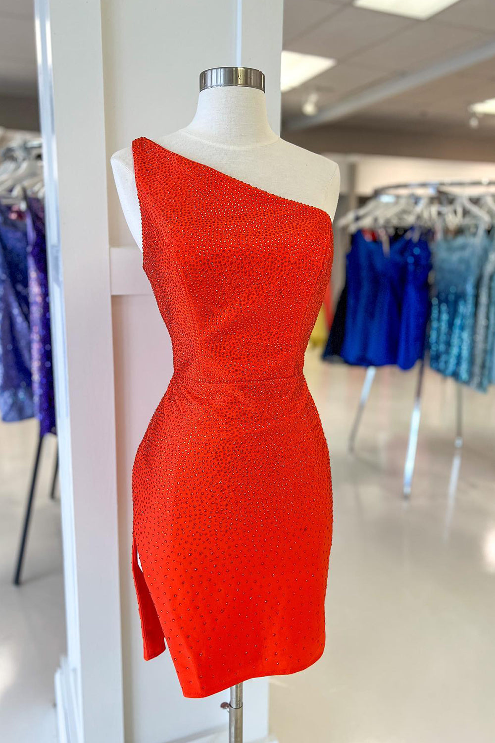 Sparkly Royal Blue Sequins One Shoulder Tight Homecoming Dress/Mini Dress with Slit