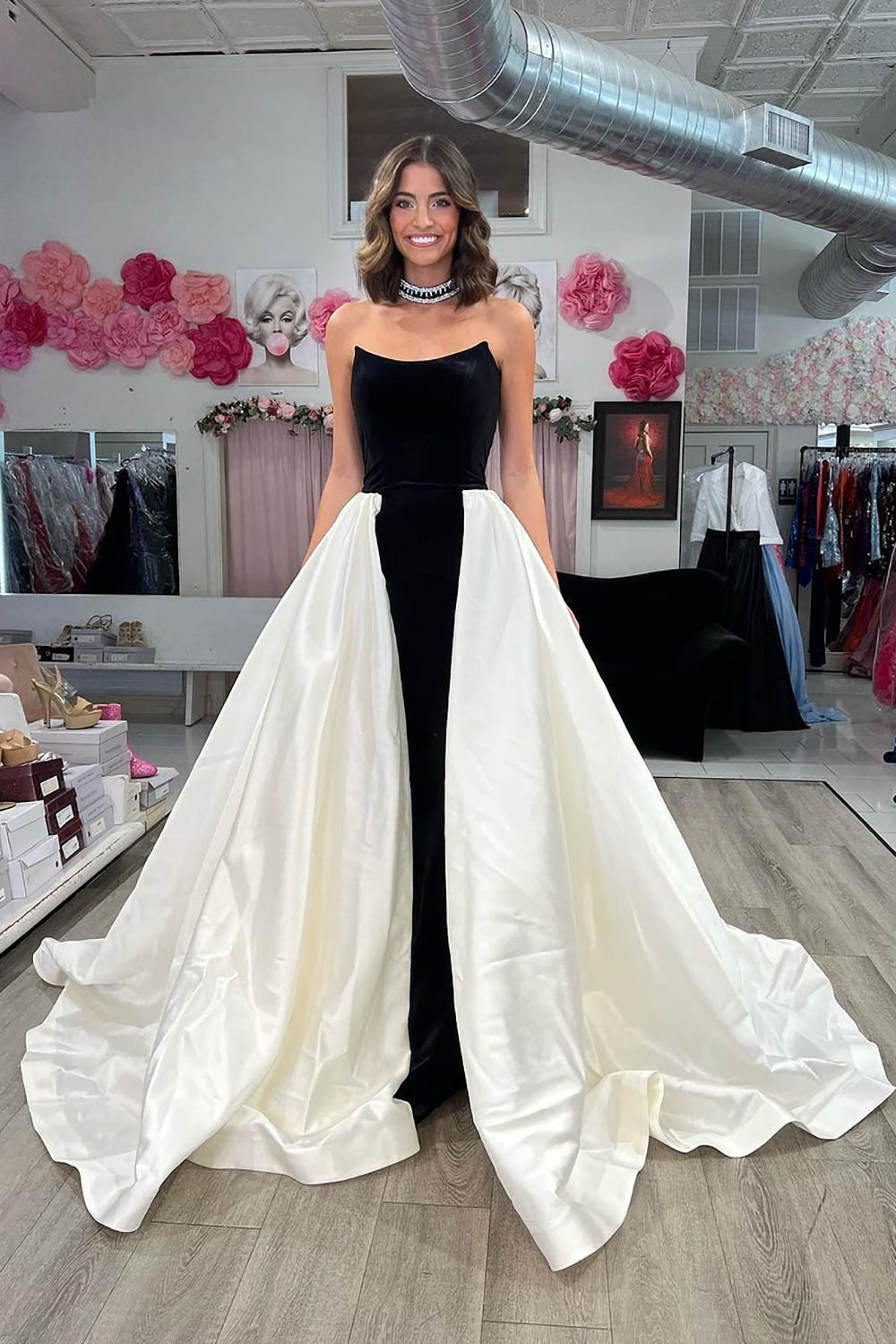 Elegant Strapless Black and White A-Line Prom Dress with Sweep Train