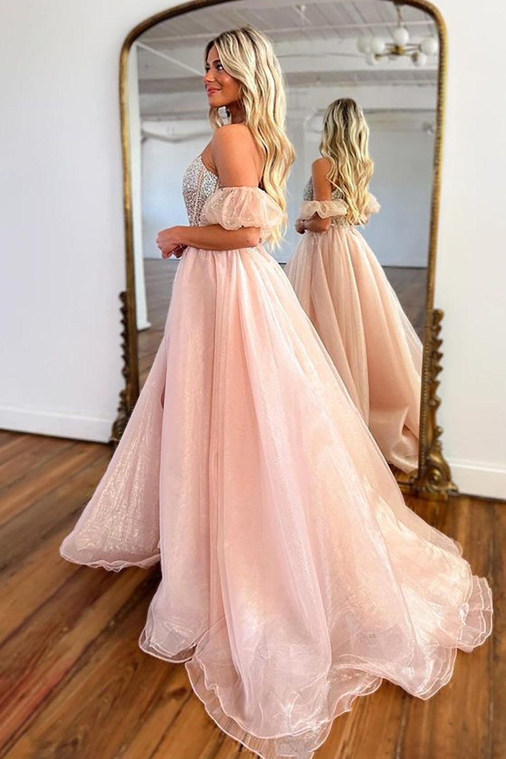 Blush Strapless Corset Prom Dress with A-Line Beading and Front Split