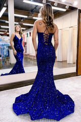 Long Mermaid Prom Dress with Royal Blue Sparkly Sequins and Lace-Up Back