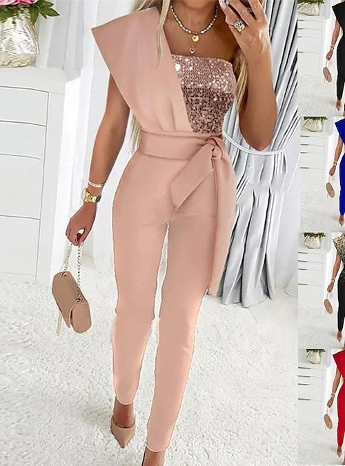 Graceful One-Shoulder Dusty Rose Sequins Jump Suit