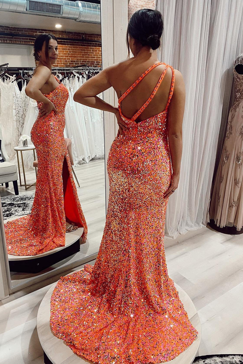 Orange Sequined Long Prom Dress with Mermaid Cut and Front Slit