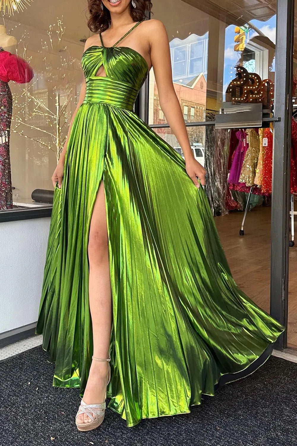 Gold Long Prom Dress with Sparkly A Line Halter Neck and Keyhole Slit