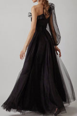 Black One Shoulder A-Line Long Sleeve Prom Gown