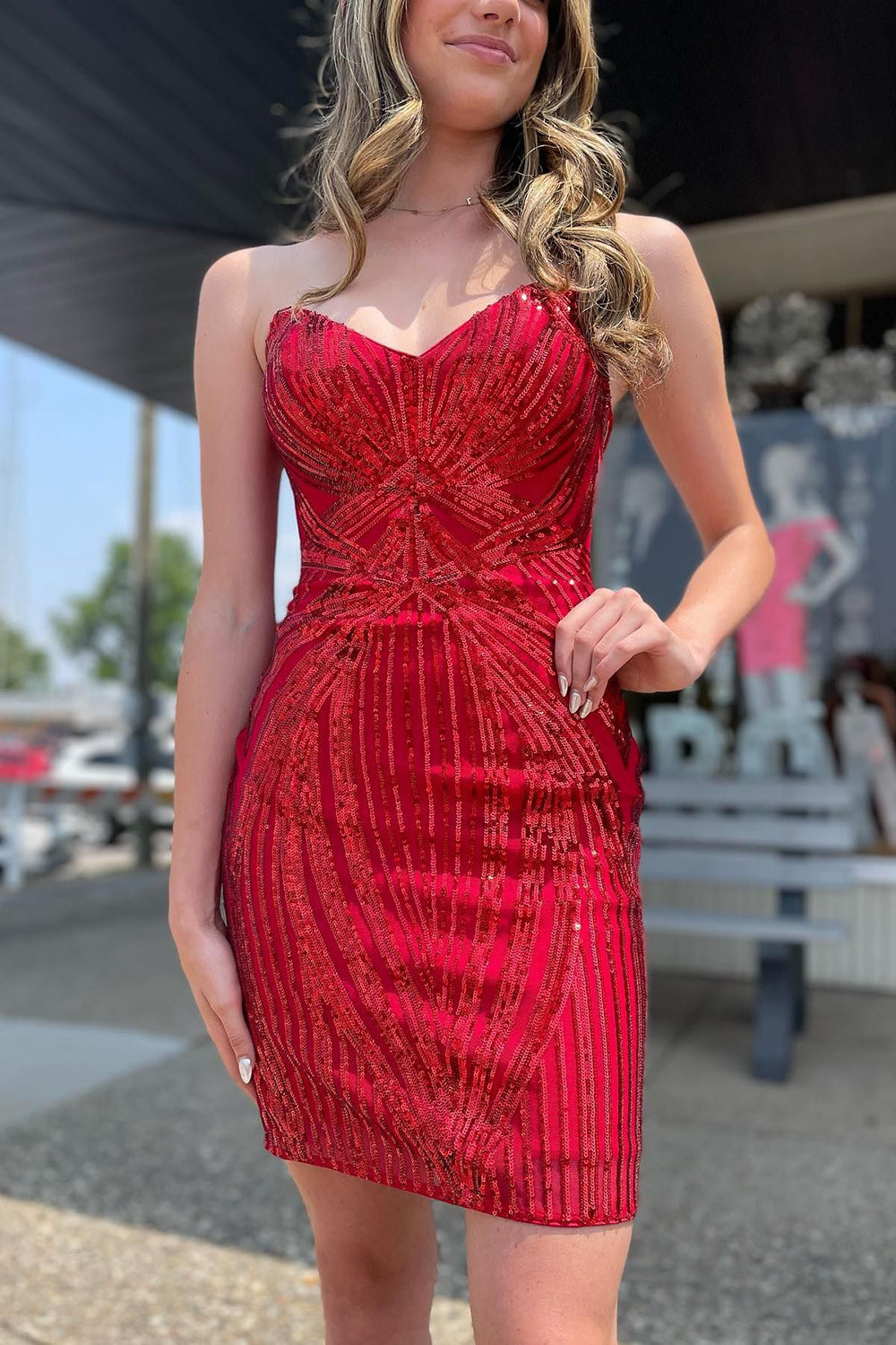 Sparkly Red Sweetheart Lace-Up Back Tight Short Homecoming Dress/Mini Dress