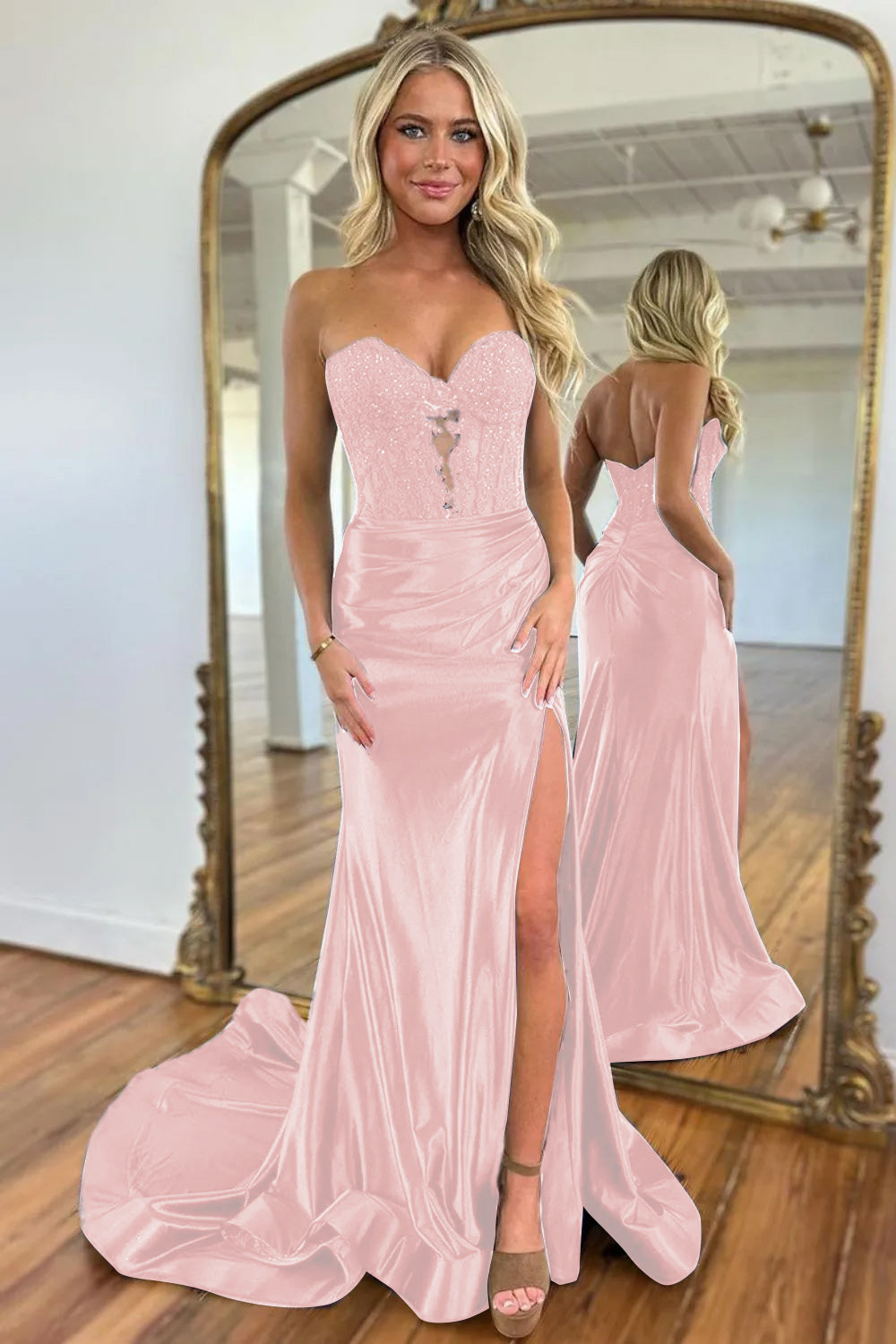 Sweetheart Long Corset Prom Dress in Navy with Mermaid Slit