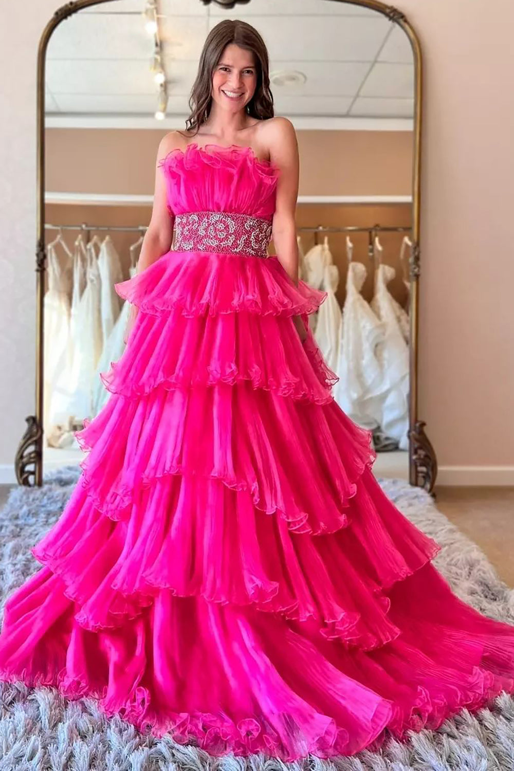 Long Blue Strapless Prom Dress with Beading in Princess Tulle