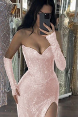 Sequin Strapless Long Mermaid Formal Dress With Split Detachable sleeves