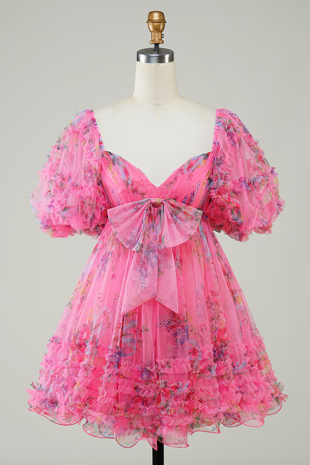 Dark Blue Puff Sleeves A-Line Floral Short Homecoming Dress/Mini Dress with Ruffles