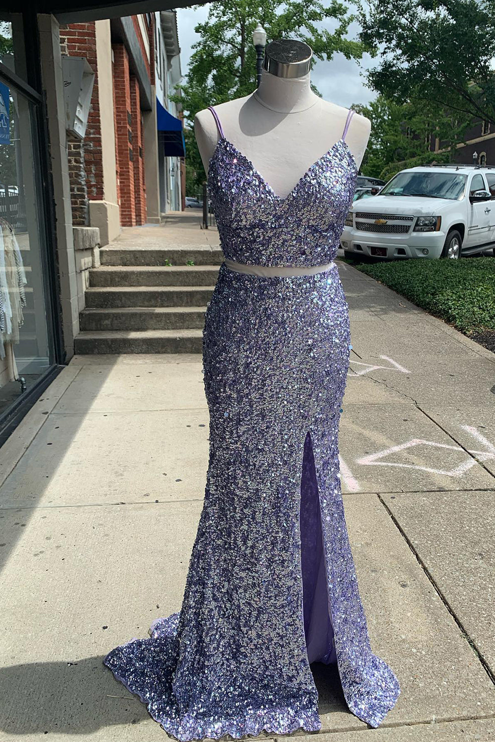 Orange Sequined Two-Piece Mermaid Prom Dress Featuring a Slit