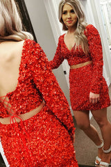 Sparkly Red Sequined Two Piece Tight Short Homecoming Dress/Mini Dress with Sleeves